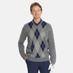 Lyle & Scott Tröjor Herr-Lambswool Blend Argyle V-Neck Grå Blå Grey/Navy (X934)