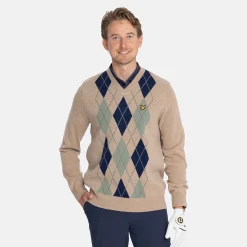 Lyle & Scott Tröjor Herr-Lambswool Blend Argyle V-Neck Beige Grön Beige/Green (X933)