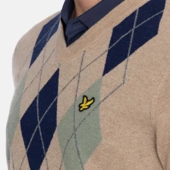 Lyle & Scott Tröjor Herr-Lambswool Blend Argyle V-Neck Beige Grön Beige/Green (X933)