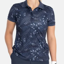 Bogeys & Birdies Pikétröjor Dam-W Tech Hidden Button Pique AOP Blå Navy/Chambray