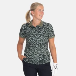 Bogeys & Birdies Pikétröjor Dam-W Tech Hidden Button Pique AOP Svart Clover Green/Black